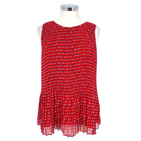Halogen Pleated Sleeveless Printed Blouse Red Blue Size Medium - Picture 1 of 10